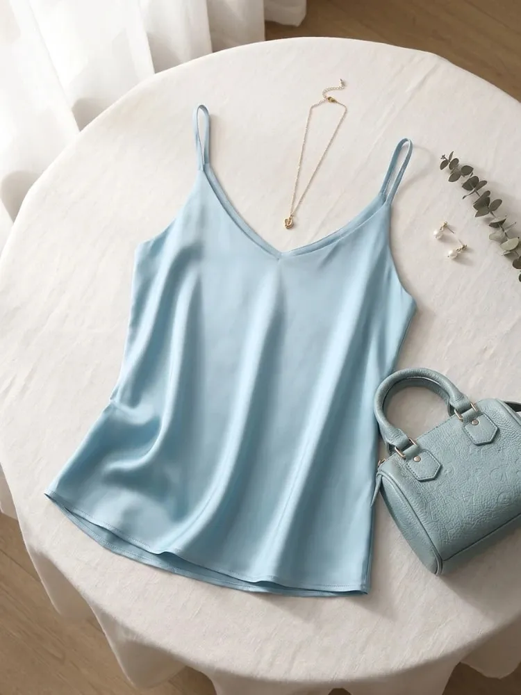 2026 Summer Spaghetti Strap Dame Tank Top Halter V-hals Basic White Cami Ærmeløse satin silkeoverdele Dame Camisole — image 5