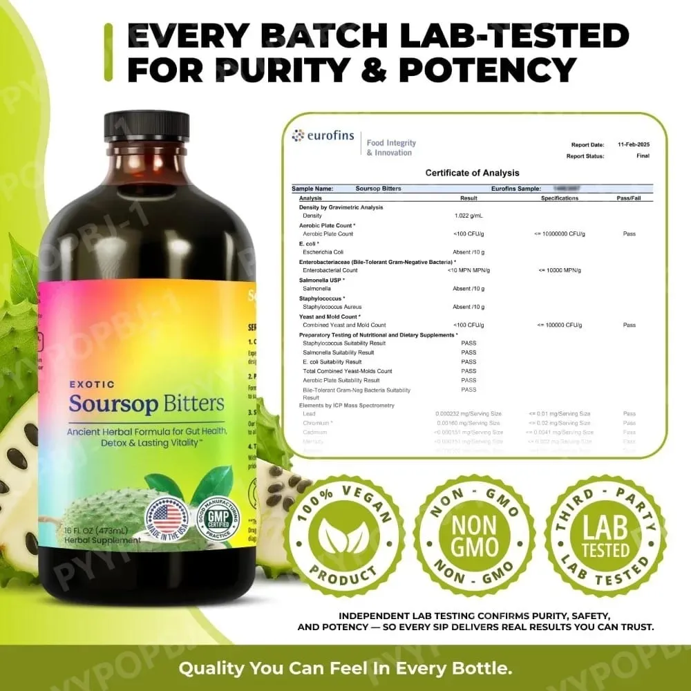 Amaro di soursop Estratto di erbe liquido Miscela di guanabana a base vegetale con zenzero Curcuma e muschio marino Integratore per il benessere quotidiano — image 7