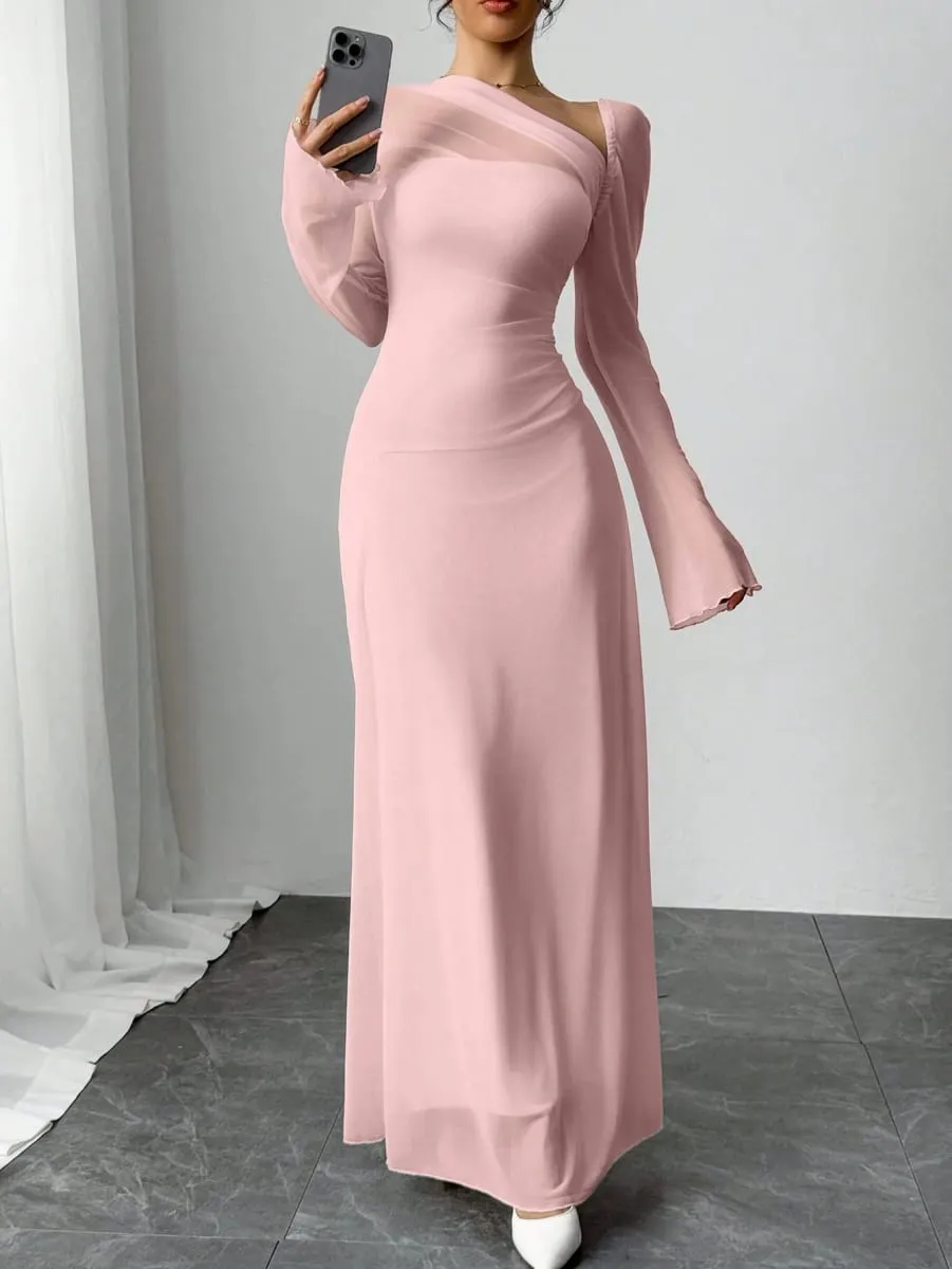 Nuovo abito ultra lungo da donna primavera/estate in tulle rosa esplosione slim con spalla diagonale irregolare — image 6
