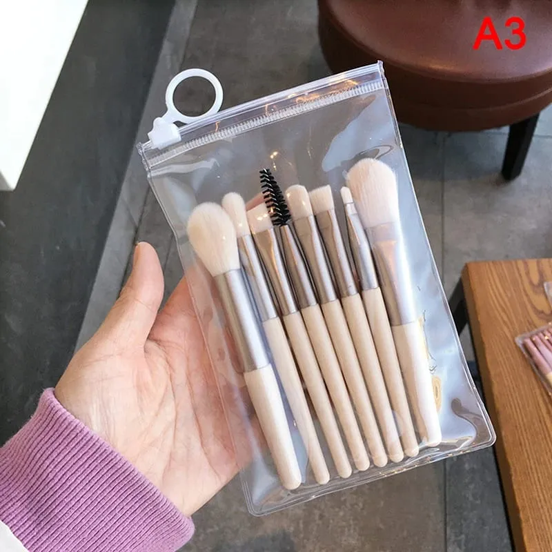 8 Buah Kuas Rias Mini Pro Pegangan Matte Set Kuas Rias Rambut Lembut Portabel dengan Tas Alat Rias Berkualitas Tinggi