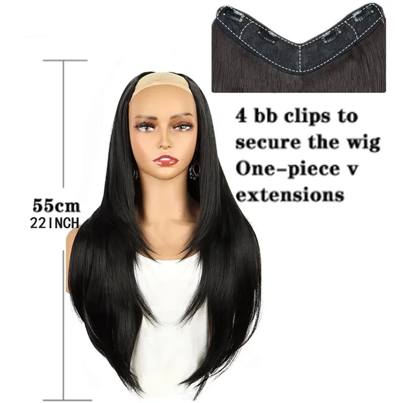 22 นิ้วต่อผมสังเคราะห์ผสมได้ดียาวตรงหยัก Hairpieces รูปตัววีสีน้ำตาลต่อผม — image 4