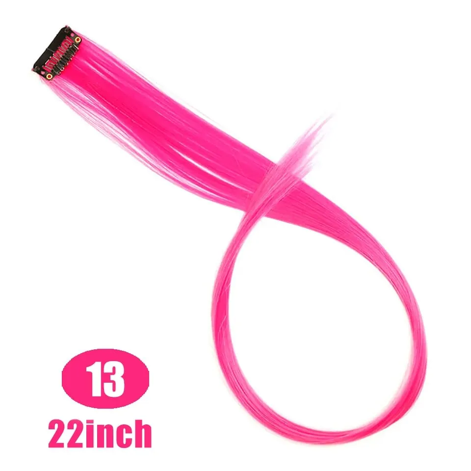 Extensions de cheveux synthétiques lisses et longues à reflets arc-en-ciel, 22 pouces, Clip en une seule pièce, ombré rose violet vert jaune pour femmes — image 37