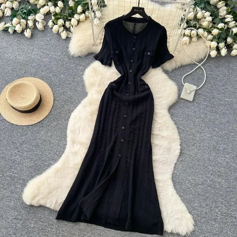 Musim Panas Wanita Elegant Rajutan Single Breasted Gaun Panjang Wanita Lengan Pendek O Leher Butang Bodycon Pesta Vestidos Wanita — image 12