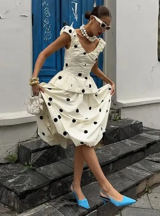 Retro Polka Dot Mini A-Linie Kleid Elegante Stehkragen Puff Kurzarm Taille-betonte Kleider 2026 Neue Dame Party kleider — image 11