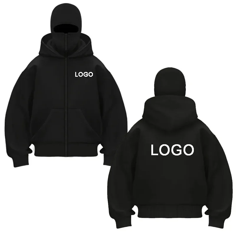 Desain DIY Hoodie Ritsleting Berkerudung Ganda Kaus Ritsleting Lengan Panjang Cetak Kustom Pria Jaket Pullover Masker Ninja Wanita — image 1