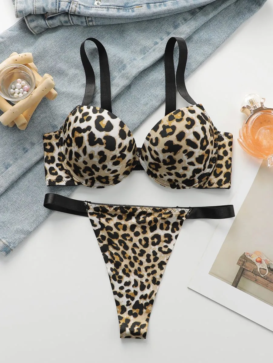 Sexet leopardprint 2-delt sæt med rynket løft og fortykket stål støtte bh sæt til dameundertøj B2051 — image 1