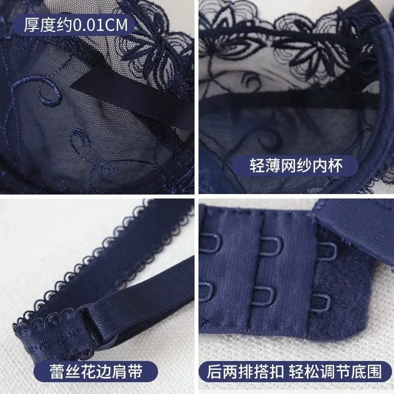 레이스 푸시 업 브래지어 세트 통기성 팬티얇은 메쉬 컵 투명 Behal 란제리 보우 자수 Flora Soutien Gorge — image 6