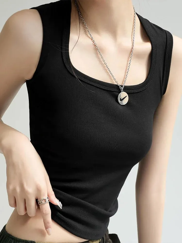 Tank Top Berusuk U Pepejal Wanita Kamisol Atasan Tangki Elastik Asas Musim Panas Wanita Atasan Tangki U Neck Padat — image 8
