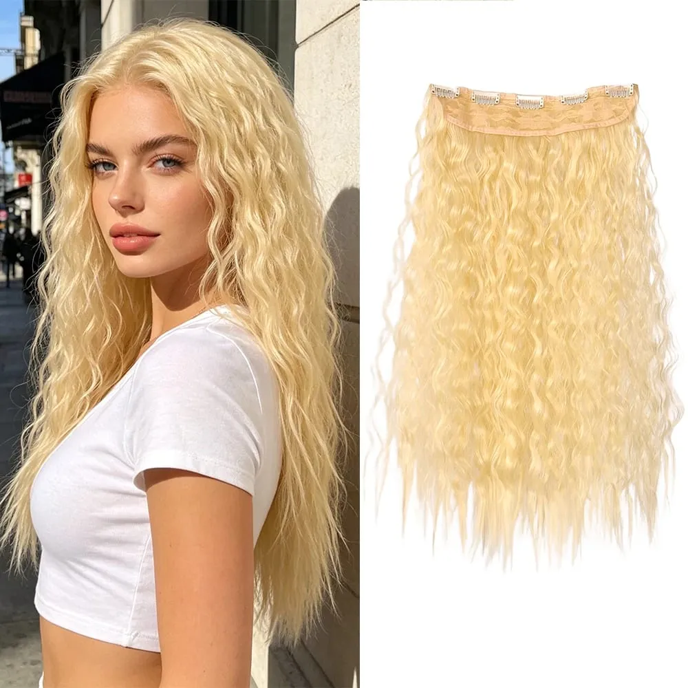 22" 1 Stück hellblonde Maiswellen-Clip-in-Haarverlängerungen, dicker Vollkopf-Synthetik-Haarteil für Frauen, natürlich hitzebeständig — image 2