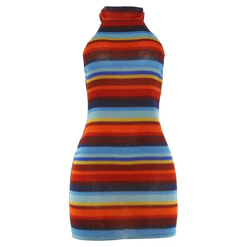 Mini abito con scollo all'americana in maglia a righe crittografiche Abiti corti aderenti aderenti clubwear casual estivi senza maniche senza maniche a contrasto colorato — image 8