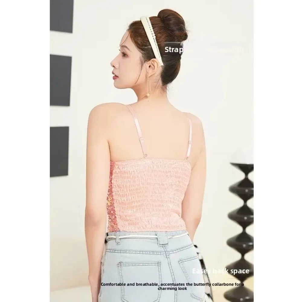Camiseta sin mangas de una pieza con lentejuelas brillantes, chaleco envolvente fijo en el pecho, chaleco sin espalda de alta elasticidad, ropa interior, chaleco de capa Base corta, Top de verano — image 3