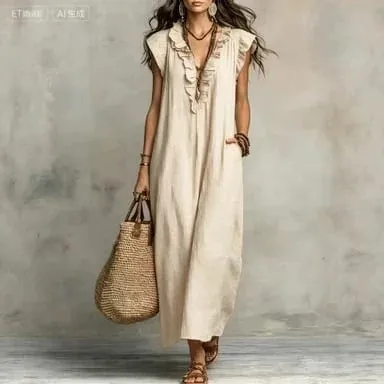 2026 Estate Donna Boho Cotone Lino Maxi Abito Tinta unita Ruffle Scollo a V Senza maniche Abiti lunghi larghi con tasche Casual Beach — image 11