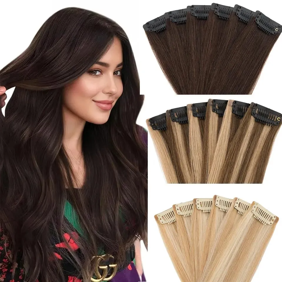 S-noilite Nahtlose PU-Haarverlängerung mit dünnem Schuss, 6 Stück, Clip-in-Haarverlängerungen aus echtem Menschenhaar, glatt, weiche Seide, Clip-in-Verlängerung für Frauen — image 1