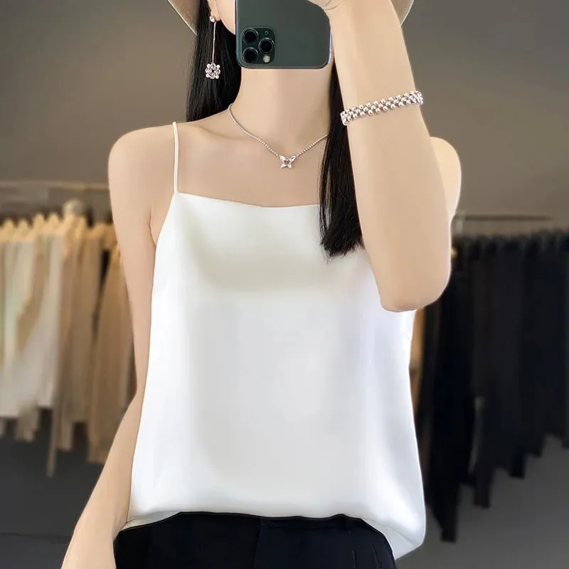 New Ice Silk Sexy Satin Strap Women's Spring/Summer Vest Solid Color Sleeveless Sexy Comfortable Silk Underwear Vest RW-D19