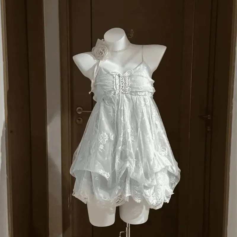 Nowe letnie zestawy damskie w stylu vintage eleganckie wzburzyć koronkowy szyfonowy projekt Mini spódnica garnitur wróżka kobiece słodkie koreańskie modne stroje 2025 — image 8