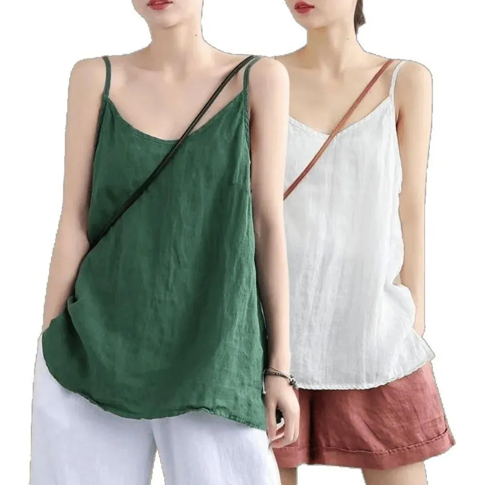 Top básico de algodão com alça espaguete, decote em V, sem mangas, regata solta, respirável, camis, roupa de verão — image 2