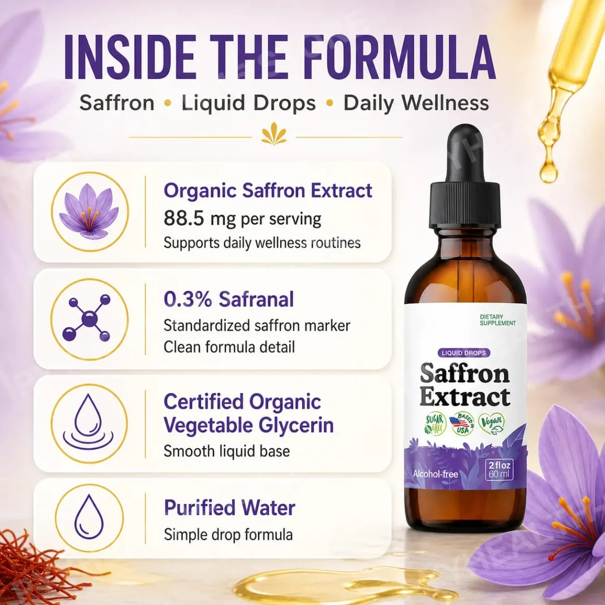 Saffranstillskott 88,5mg - Humörfokus och ögonstöd Saffransextrakt flytande droppar Blanda med te Vegansk alkoholfri 2 Oz — image 4