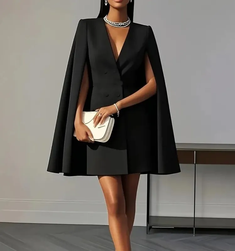 Frauen Kleider 2025 Frühling Herbst Neue Pendeln Zweireiher Schal Cape Einfarbig V-ausschnitt Mini Kleid frauen Kleidung