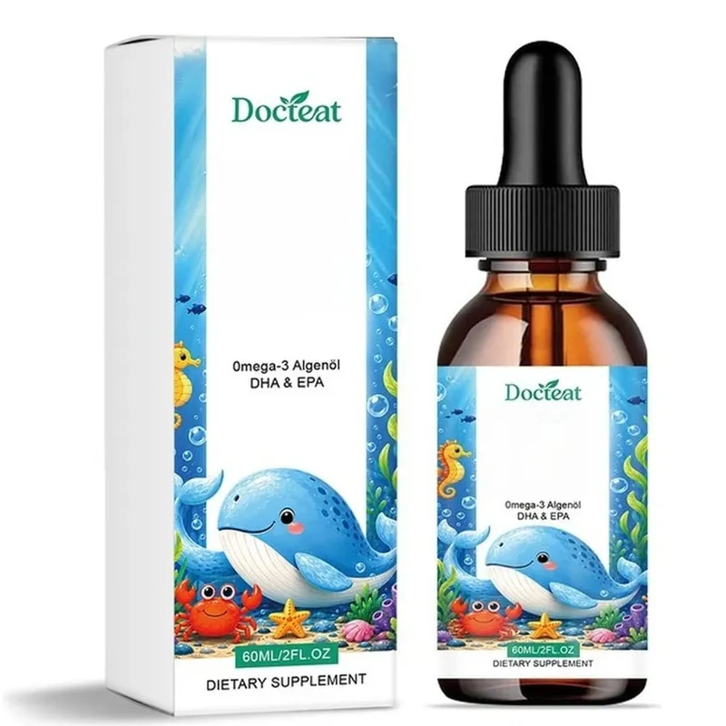Docteat Rostlinný olej z omega-3 řas DHA EPA tekuté kapky Dětské zdraví mozku Vegan Denní výživa bez GMO Pomeranč 60 porcí