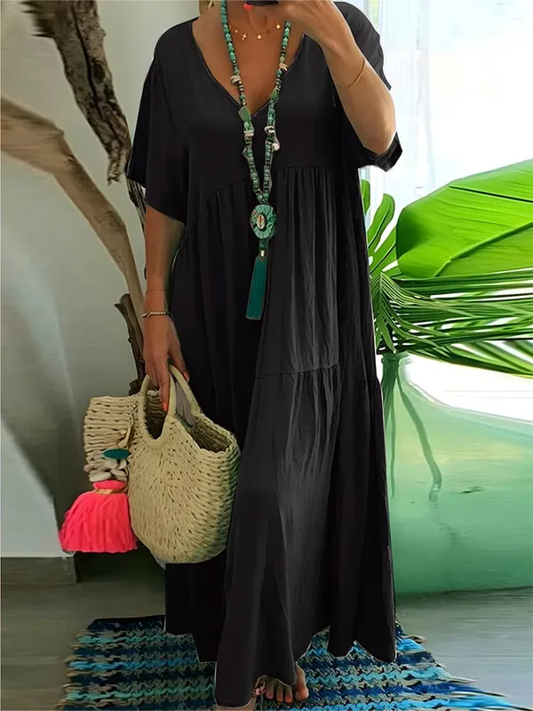 Plus Size Damen Casual Loose V-Ausschnitt Solides Langes Kleid Frühling Sommer Plissee Big Size Damenkleid — image 9