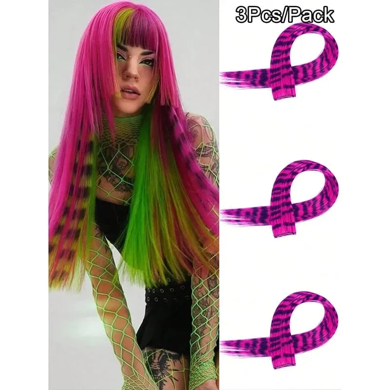 3 pezzi estensioni dei capelli con stampa leopardata striscia sintetica pezzo di capelli stampato clip lunga e dritta colorata nei capelli per le donne ragazze festa — image 11