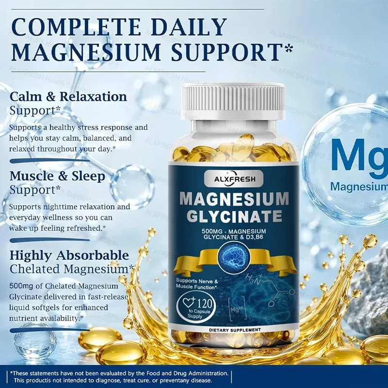 Originální doplněk Magnesium Glycinate 500 mg – vysoká absorpce pro spánkové svaly a klidnou podporu – D3 B6 Zinek
