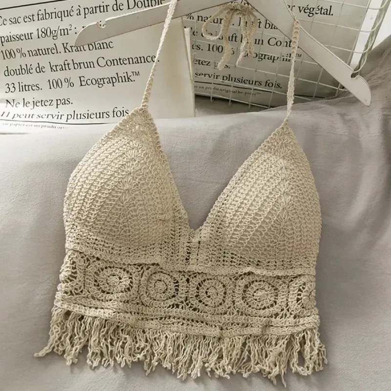 Atasan Tanaman Retro Liar Berongga Perspektif Rumbai Seksi Tali Spaghetti Tanke Top Wanita Terbina Dalam Bra Baharu Belakang Renda Halter Leher — image 2