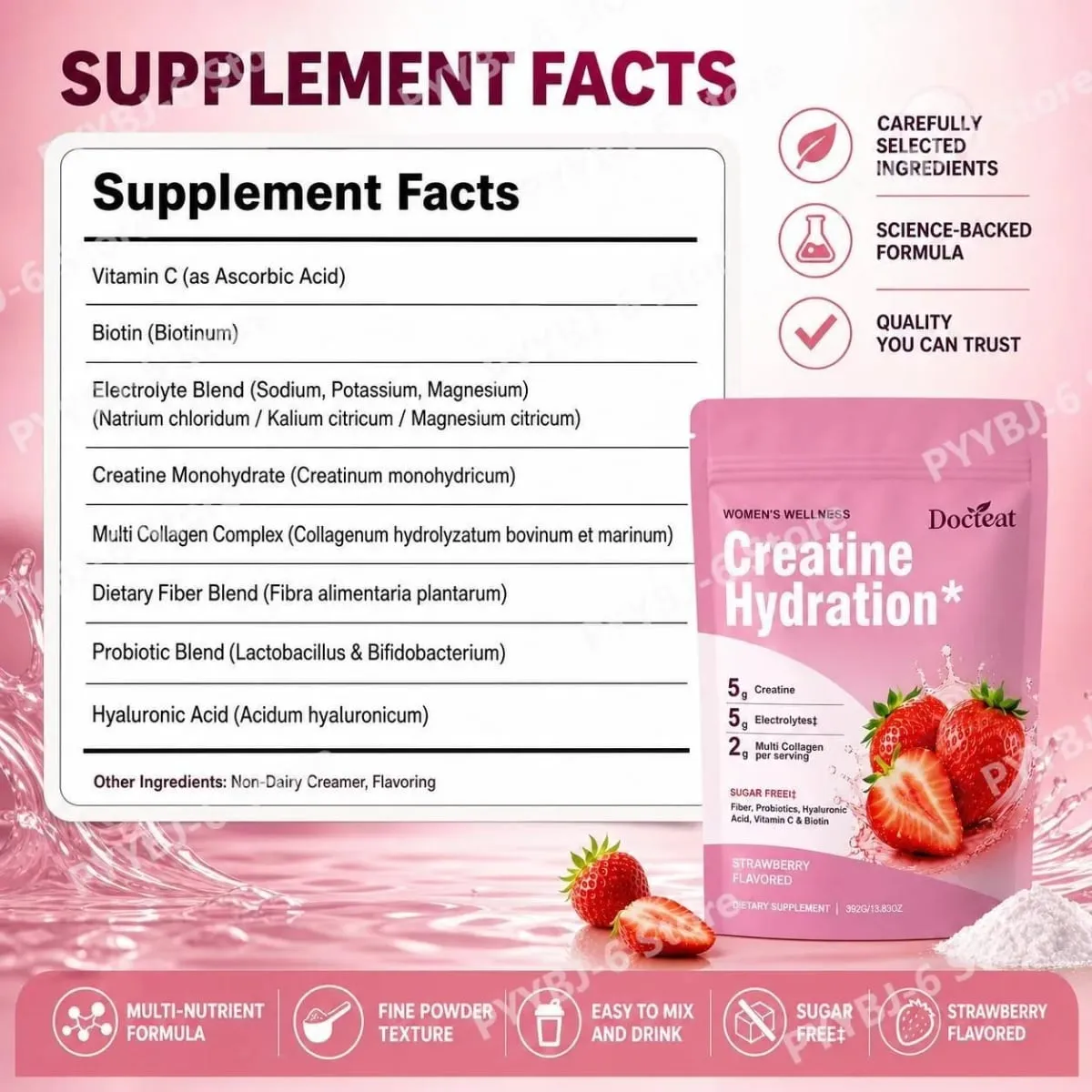 Docteat Creatine Powder Elektrolit Kolagen Vitamin C Biotin Tanpa Gula Perisa Strawberi Wanita Fitness Wellness 30 Hidangan — image 3