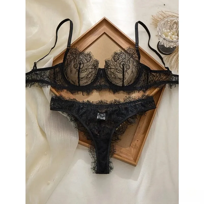 Set reggiseno e mutandine in pizzo sottile stile basic da donna Biancheria intima con occhielli a strato singolo senza cuciture Abbigliamento intimo confortevole