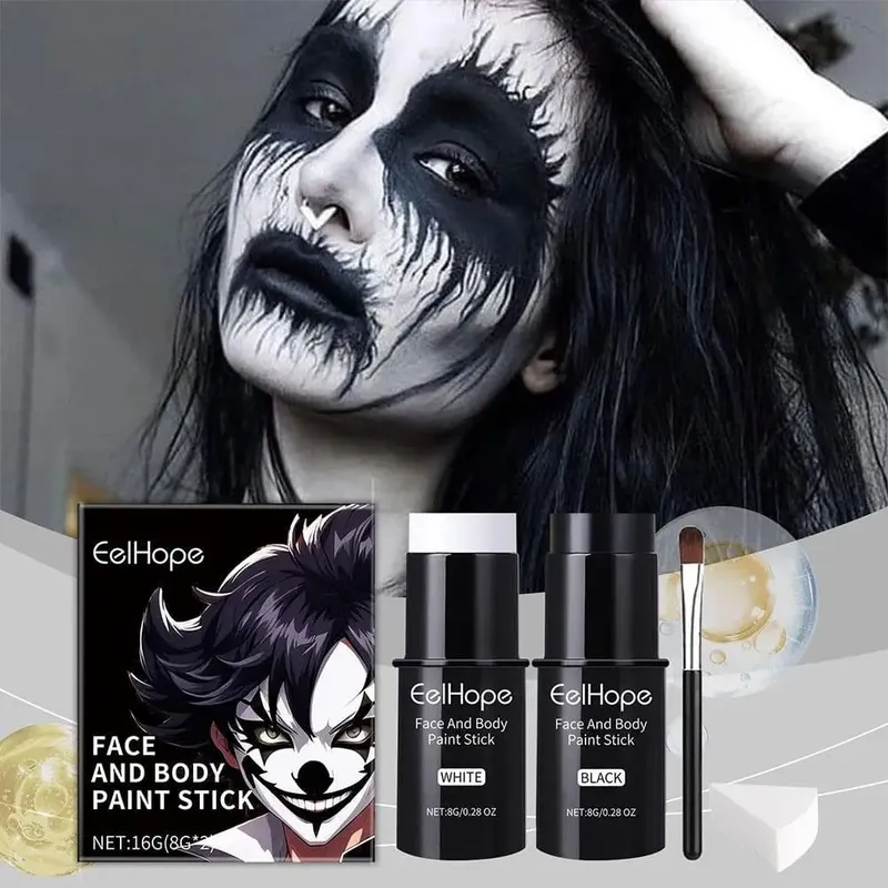 Kit di pittura per il corpo viso bianco nero di Halloween Copertura completa Fondotinta leggero Clown Joker Trucco Set di accessori per il trucco festivo