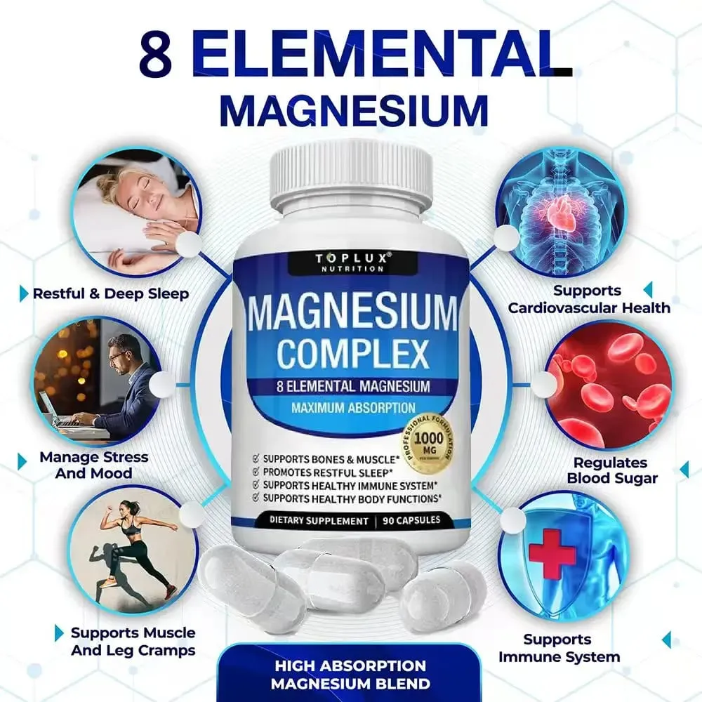 Suplemen Kompleks Magnesium | 1000mg Magnesium Glycinate Malate Citrate | 8 Formula Kelat Unsur | Vegan Bukan GMO 90 C — image 5