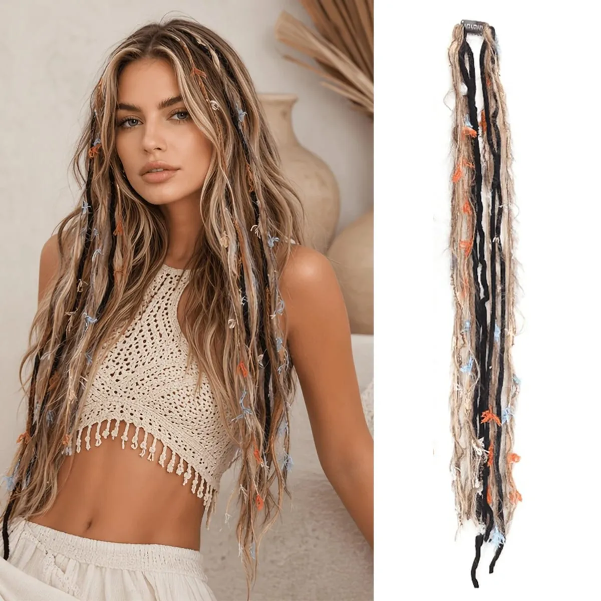Clip-In-Dreadlock-Haarverlängerungen, böhmische, ausgefranste, dünne, synthetische Boho-Zöpfe für Frauen, tägliche Rave-Party-Frisur — image 8