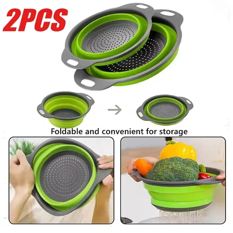 2PCS Silicone Folding Drainer Basket Fruit Vegetable Foldable Colander Kitchen Strainer for Food Pasta Kitchenware Drain Device — image 2