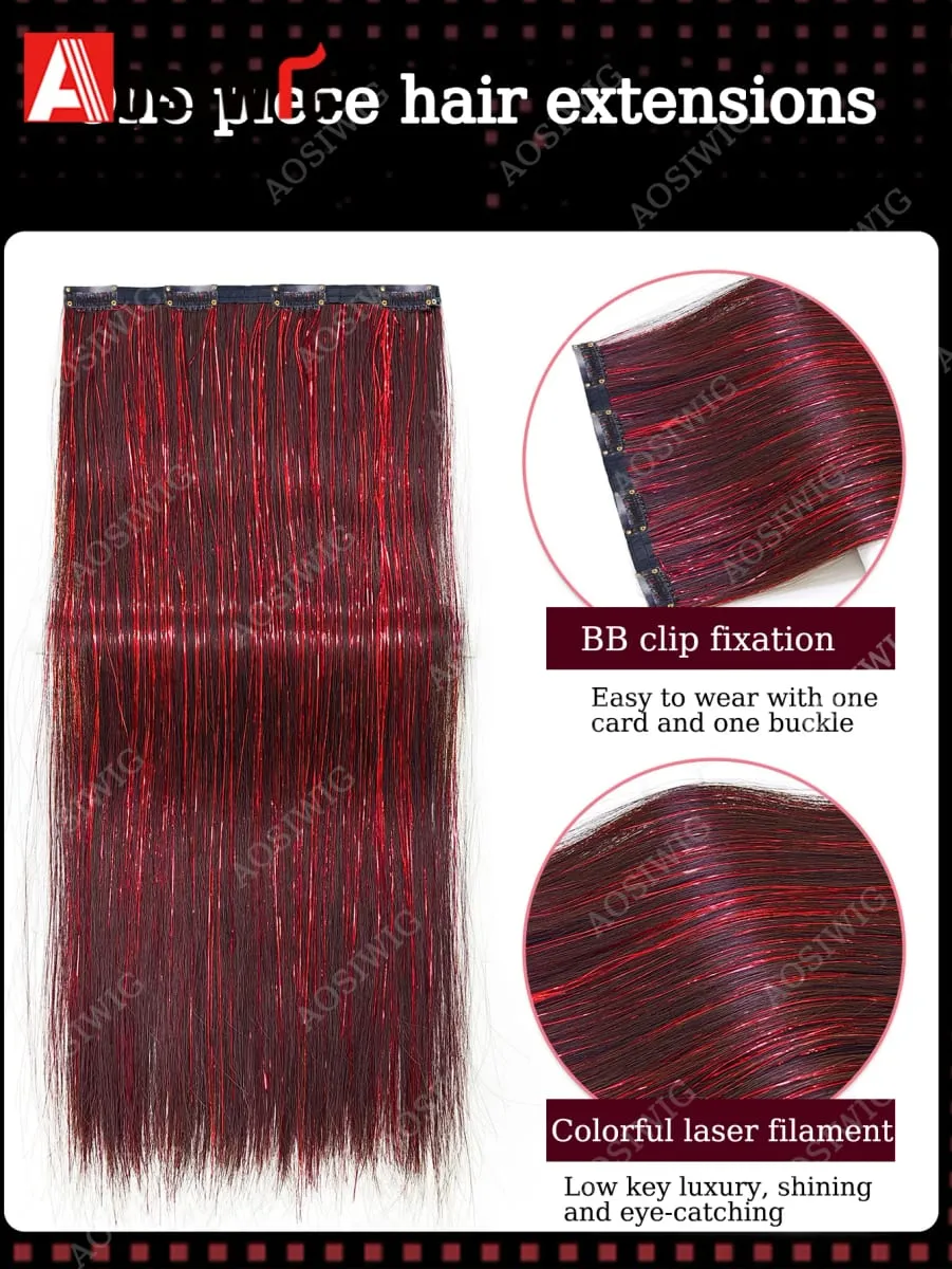 Blaue Glitzer-Lametta-Clip-in-Haarverlängerungen, einteiliges, glattes synthetisches Haarteil mit glitzernden Strähnen für Frauen, Partys und den Alltag — image 4