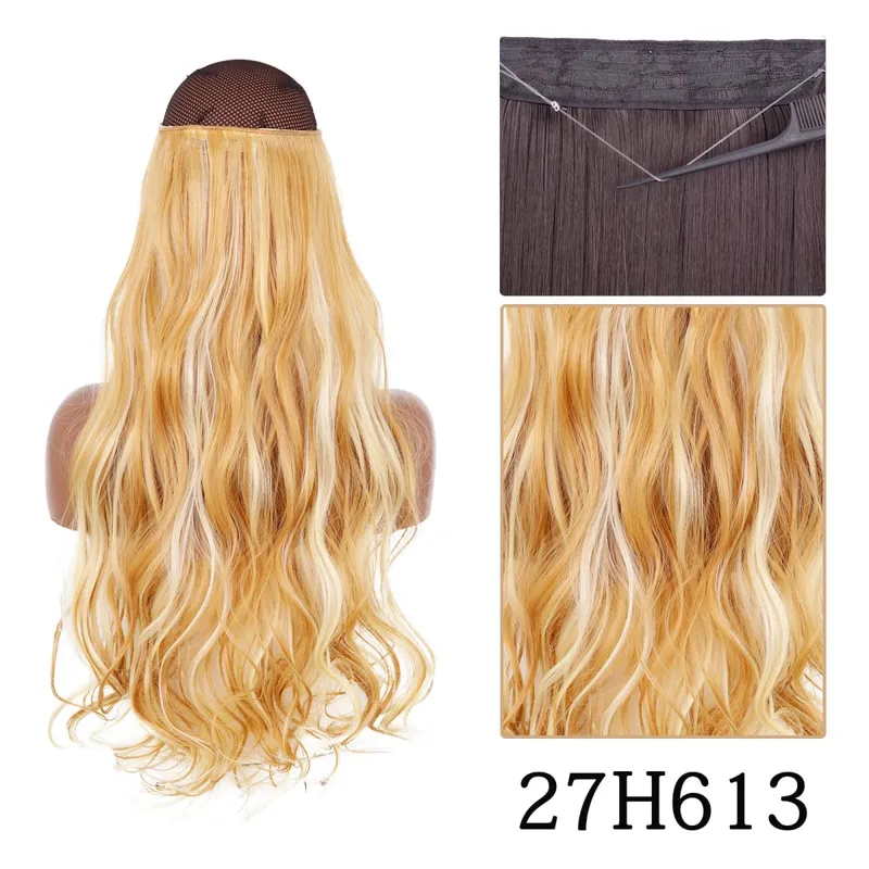 Estensioni dei capelli sintetiche senza clip regolabili con linea di pesce, parrucchino naturale biondo marrone ondulato lungo resistente al calore per le donne — image 21
