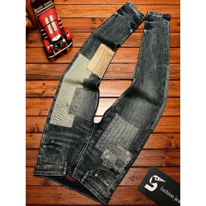 Retro og nostalgisk patchwork-design jeans til mænd trendy og moderigtigt street herretøj slim fit small fod lange bukser — image 2