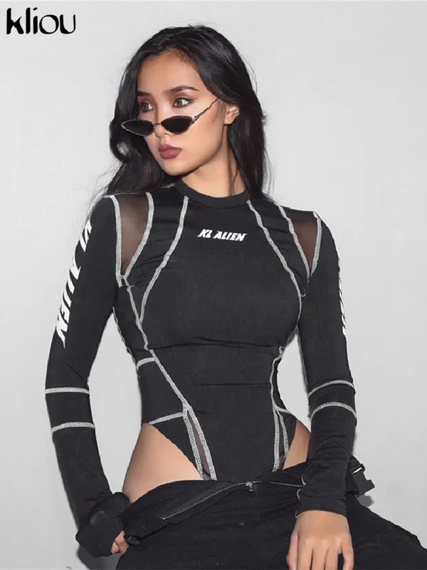 Kliou Kvinder Helærmede rullekrave-bodyer Mesh Patchwork Brevtryk Biker New Fashion Kvinde Workout Street Casual Rompers — image 6