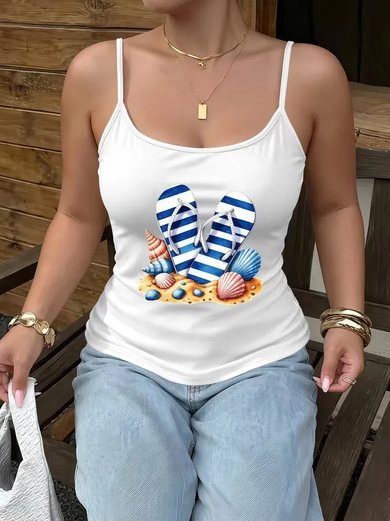 Wanita Musim Panas Spaghetti Strap Cami Tank Top Beach Flip‑flop Seashell Print Tanpa Lengan Kamisol Kasual Percutian Y2K Pakaian Harian Tops — image 13