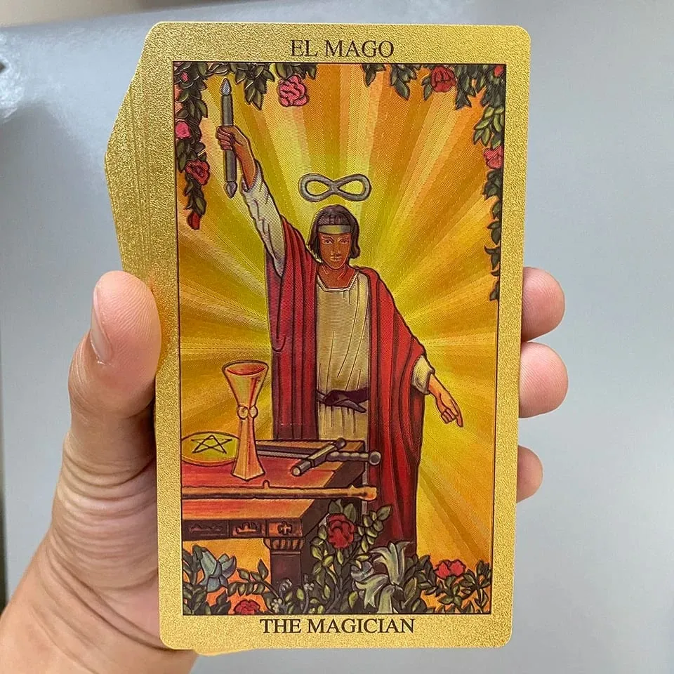 Gioco di carte dei Tarocchi in lamina d'oro Mazzo di divinazione bilingue spagnolo inglese con guida Profezia Set di lettura oracolo per principianti — image 3