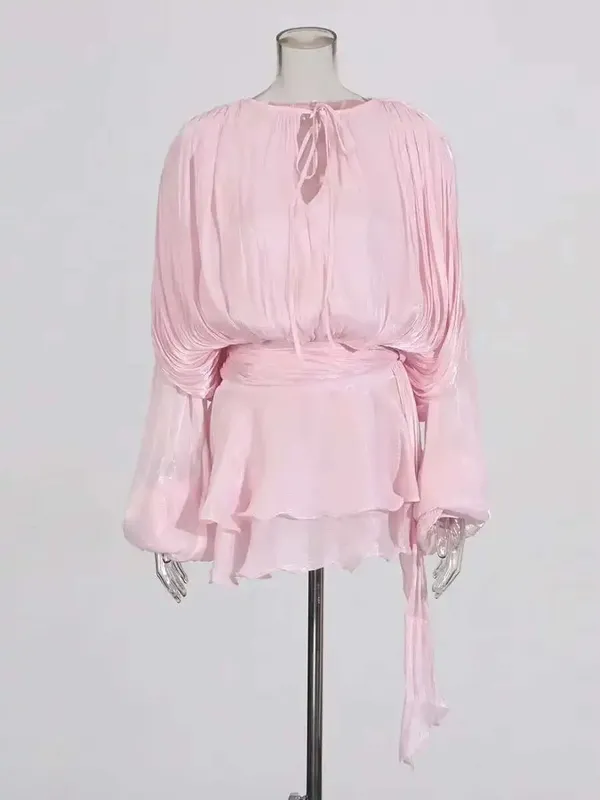 Solide Bluse Mini Kleider Für Frauen V-ausschnitt Langarm Verstärktes Spitze Up Süße Stil Kleid Weibliche Kleidung Mode — image 11
