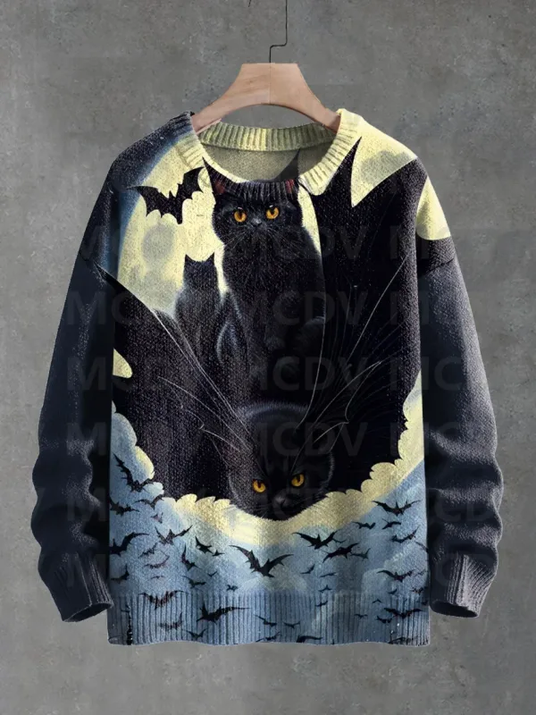 Sweter Pulover Rajut Kasual Gambar Cetak Pola Seni Burung Bunga Kucing Hitam Lucu Sweter Klasik Pulover Pria untuk Wanita — image 4