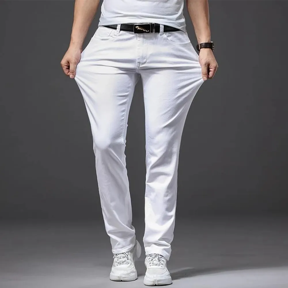 ผู้ชายกางเกงยีนส์สีขาวความยืดหยุ่นตรง SLIM FIT สบายๆธุรกิจคลาสสิกกางเกงแฟชั่นขั้นสูงยืดกางเกงยีนส์กางเกง — image 3