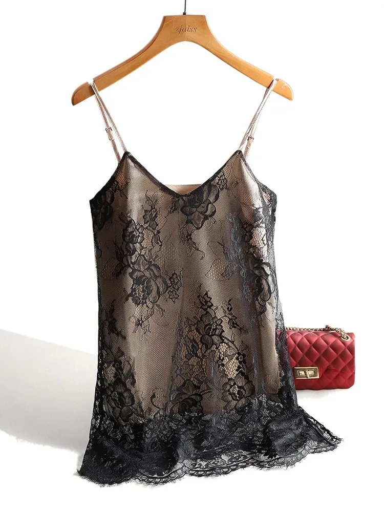 Sexy krajkový top se špagetovým řemínkem Dámská ohlávka s výstřihem do V Basic Cami Saténové hedvábné tílka bez rukávů Letní košilka