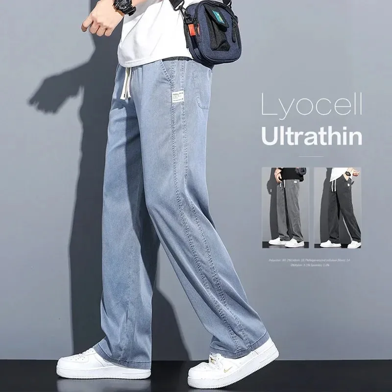 S-5XL 6Style Men's Loose Jeans Summer Soft Lyocell Thin Fabric Straight Pants Drawstring Elastic Waist Korea Casual Trousers Y2K — image 1