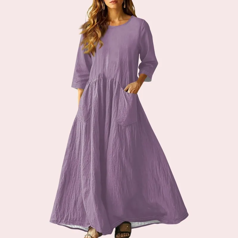 Gaun Panjang Longgar Musim Panas Wanita Warna Pejal Lengan Tiga Suku Gaun Poket Berganda Gaun Linen Leher Bulat Longgar Vestidos — image 20