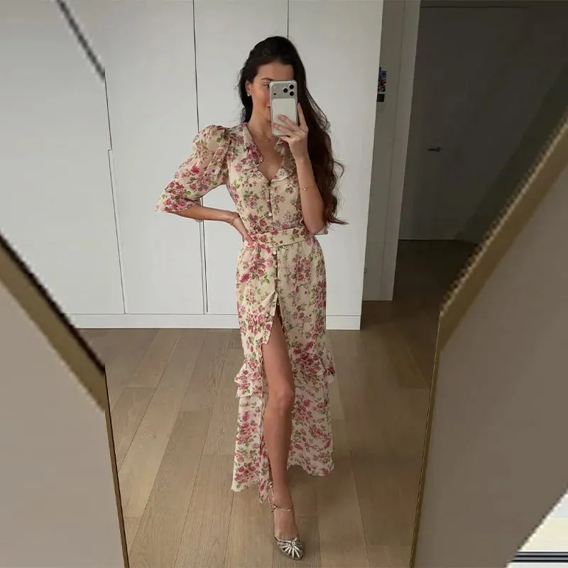 Women Floral Print Chiffon Maxi Dress Romantic Deep V-neck Flutter Sleeve High Low Lace Trim Dress 2026 Summer Elegant Lady Gown — image 13