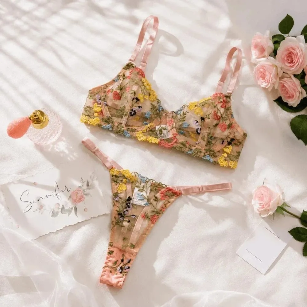 Veelzijdige transparante lingerieset Ultradunne elegante borduursels Bloemenondergoed Push-up slipje BH-set Dames — image 3