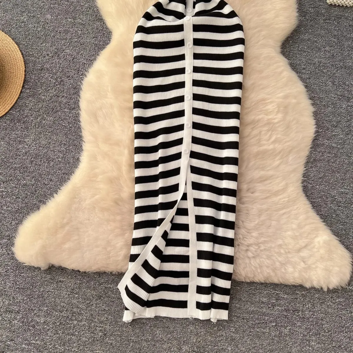 YuooMuoo Chic Fashion Sexy Wrap Hips Knitted Maxi Dress 2026 Summer Women Single-breasted Stripes Sweater Dress Streetwear Robes — image 6