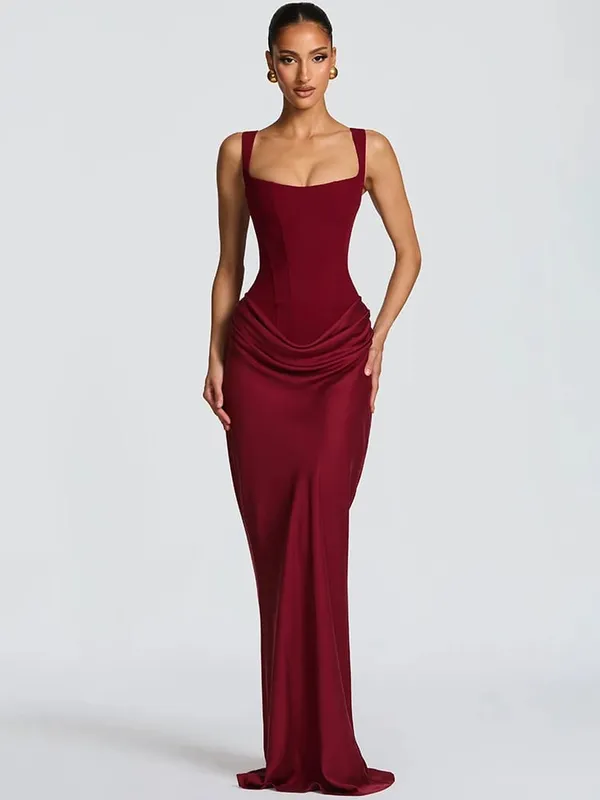 Mozision Abito lungo sexy increspato senza schienale da donna elegante colletto quadrato spalline affusolate senza maniche aderente abito lungo da festa per club — image 7