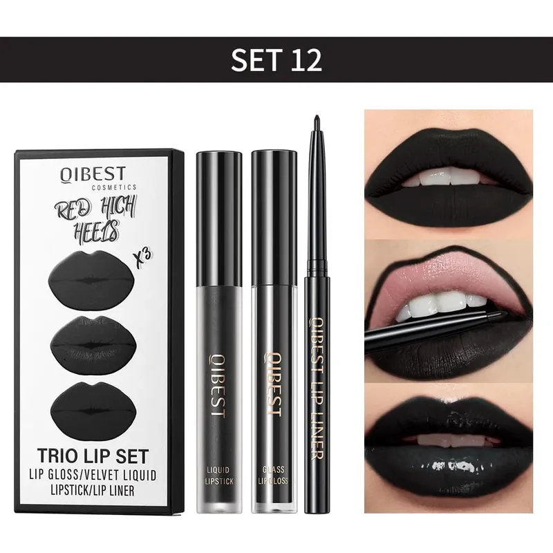 Lipstik Cair Matte & Lip Liner & Lip Gloss 3 Buah Set Kit Kosmetik Pewarna Bibir Merah Hitam Ungu Tahan Lama Anti Lengket — image 9